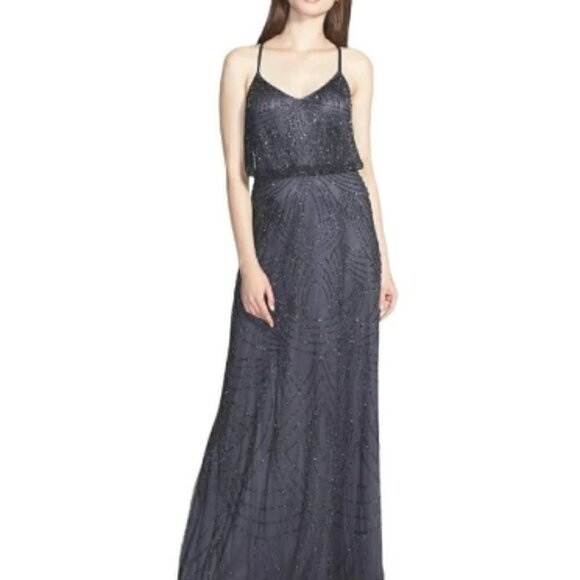 Adrianna Papell Beaded V Neck Blouson Long Gown Gray 4 gala evening prom wedding